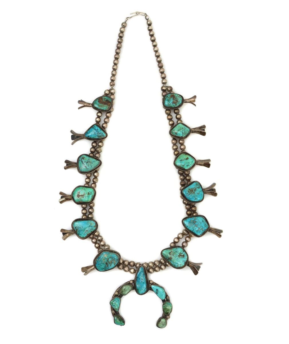 Navajo Turquoise and Silver Beaded Squash Blossom Necklace c. 1940-50s, 28" length (J15126)
