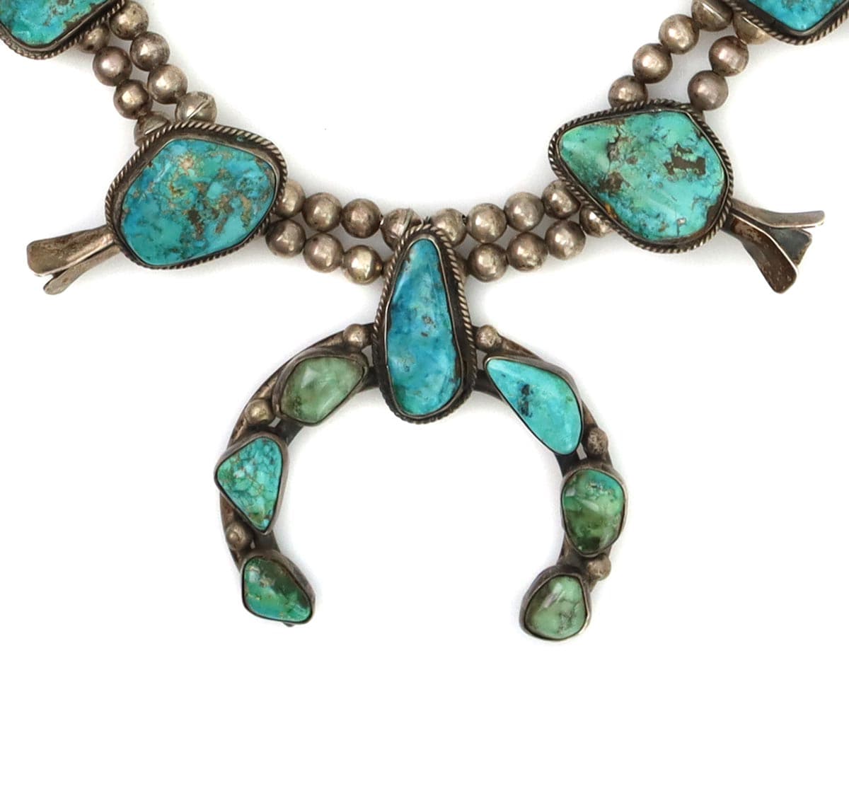 Navajo Turquoise and Silver Beaded Squash Blossom Necklace c. 1940-50s, 28" length (J15126)1
