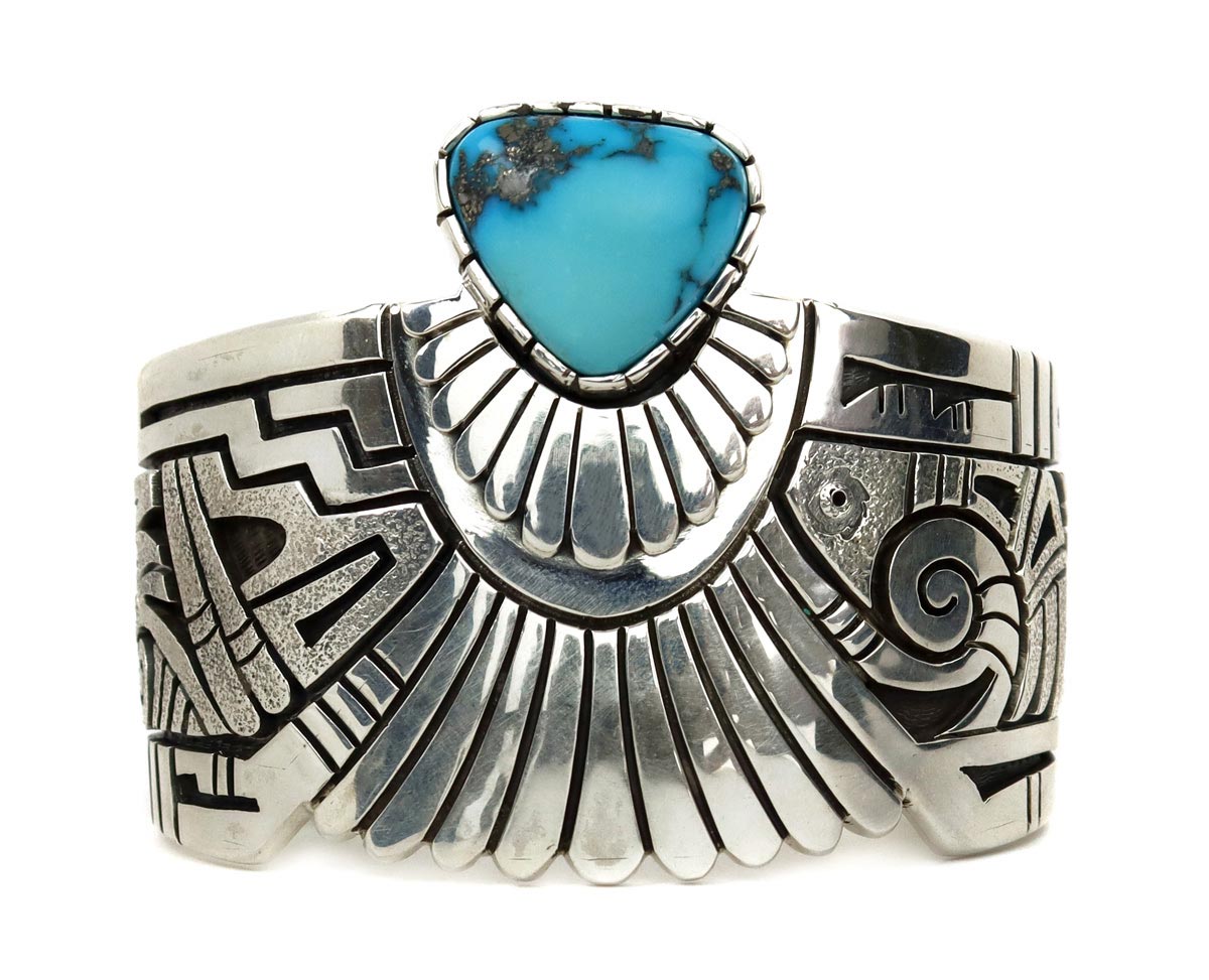 Roy Talahaftewa - "Ancestral Spirit" Hopi Contemporary Morenci Turquoise and Sterling Silver Overlay Bracelet, size 7 (J15136)
