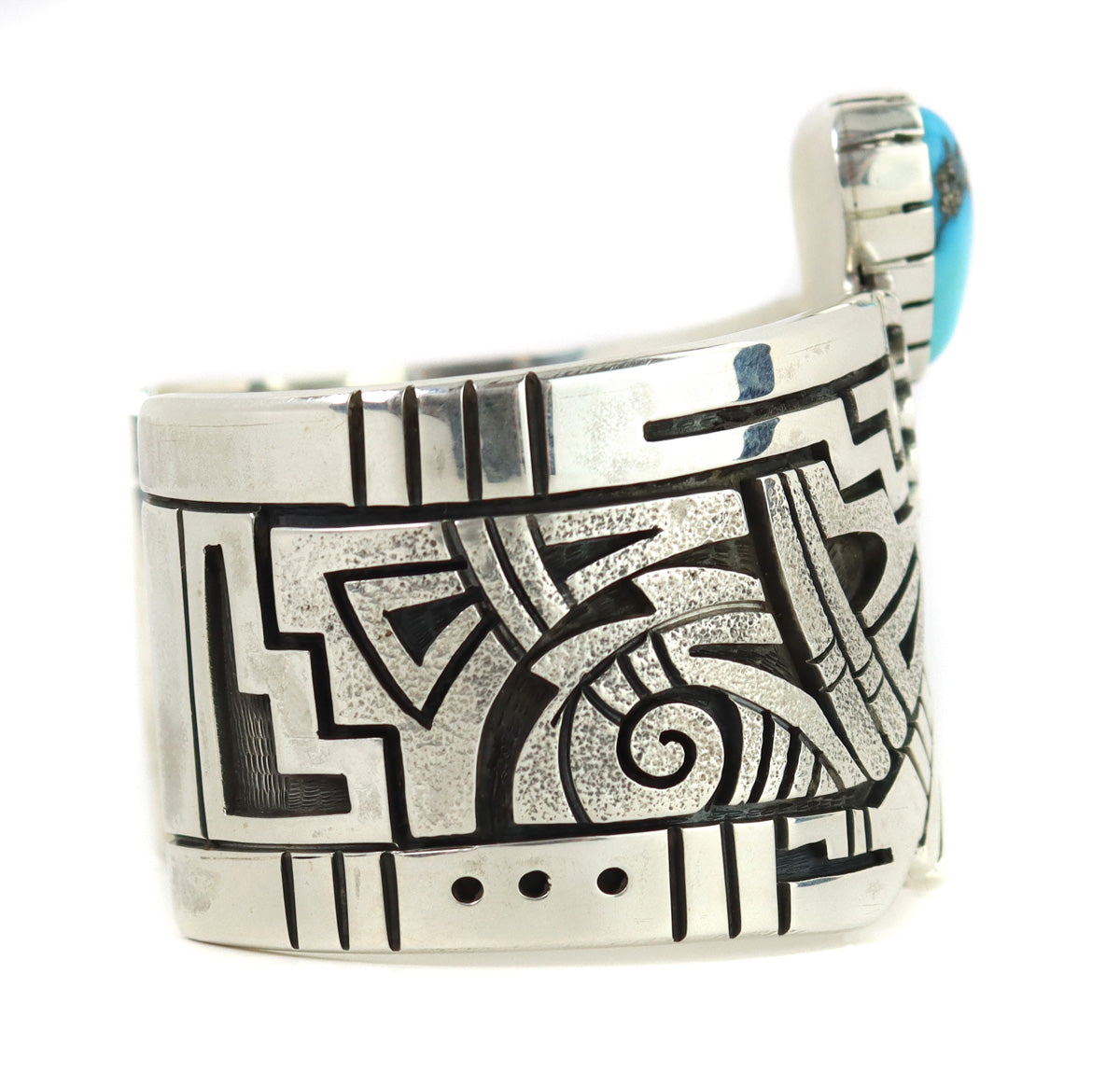 Roy Talahaftewa - "Ancestral Spirit" Hopi Contemporary Morenci Turquoise and Sterling Silver Overlay Bracelet, size 7 (J15136)1
