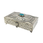 Susie James - Navajo Turquoise and Silver Lidded Box with Stamped Design c. 1970s, 1.5" x 5" x 3" (J15181-CO-019)