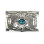 Susie James - Navajo Turquoise and Silver Lidded Box with Stamped Design c. 1970s, 1.5" x 5" x 3" (J15181-CO-019) 1
