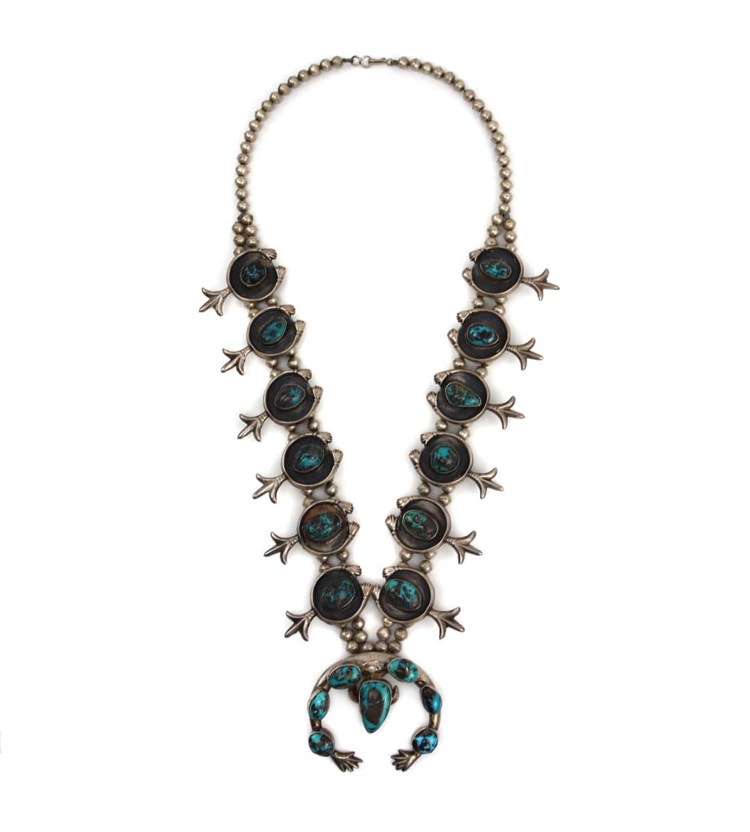 Navajo Persian Turquoise and Silver Squash Blossom Necklace c. 1950s, 28" length (J15240-CO-008)