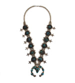 Navajo Persian Turquoise and Silver Squash Blossom Necklace c. 1950s, 28" length (J15240-CO-008)