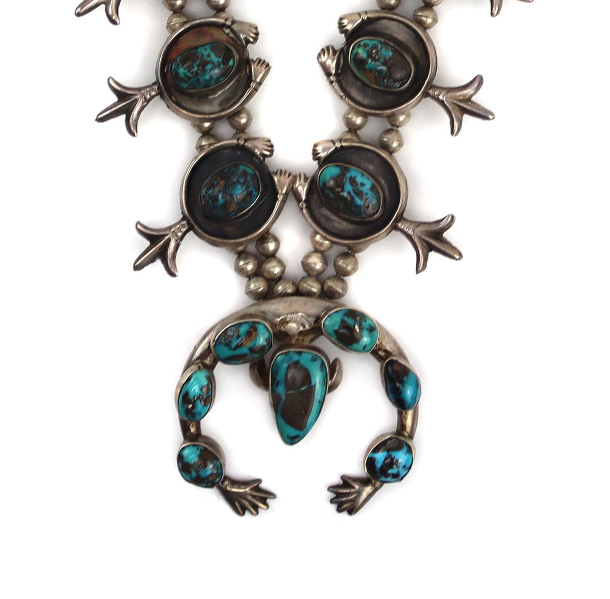 Navajo Persian Turquoise and Silver Squash Blossom Necklace c. 1950s, 28" length (J15240-CO-008) 1