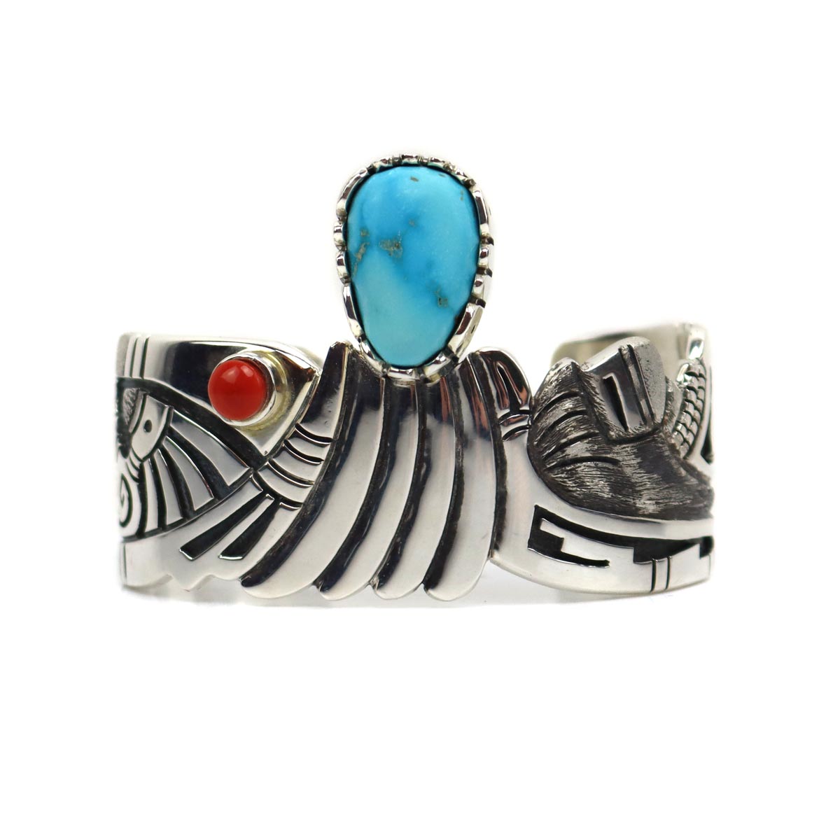 
Roy Talahaftewa - Hopi Contemporary Morenci Turquoise, Coral, and Sterling Silver Overlay Bracelet, size 6.75 (J15270)