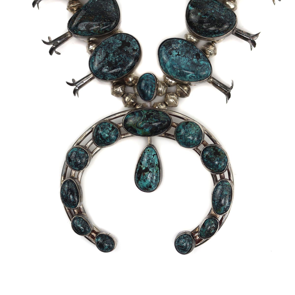 Navajo Turquoise and Silver Squash Blossom Necklace and Post Earrings Set c. 1960-80s (J15274-CO)