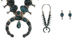Navajo Turquoise and Silver Squash Blossom Necklace and Post Earrings Set c. 1960-80s (J15274-CO)