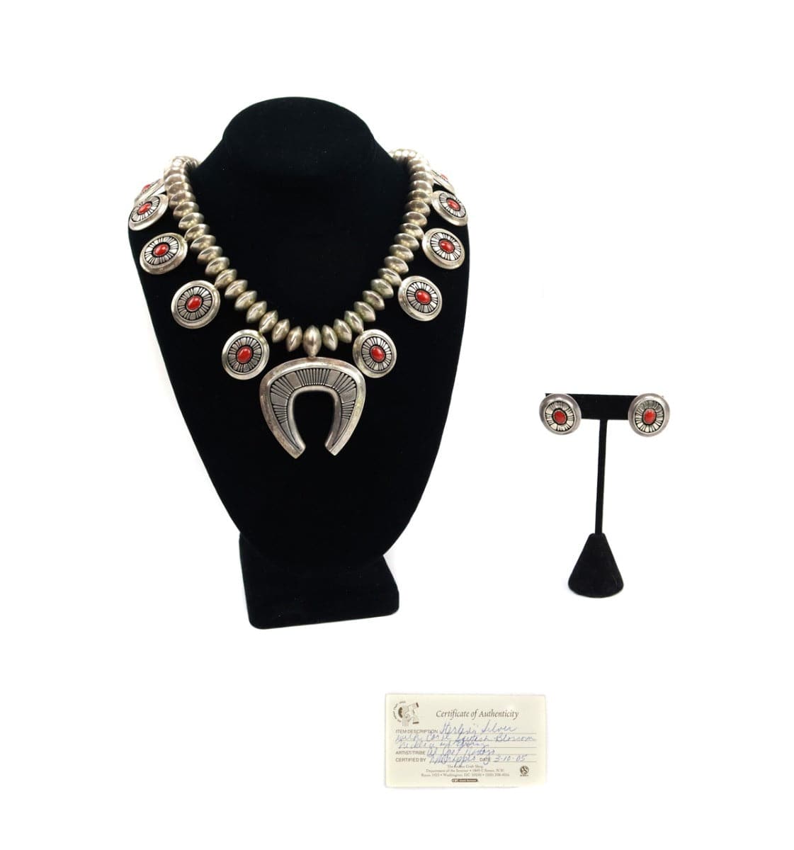 Alfred Joe (b. 1950) - Navajo Coral and Silver Overlay Squash Blossom Necklace and Post Earrings Set c. 2005 (J15358-CO-027)