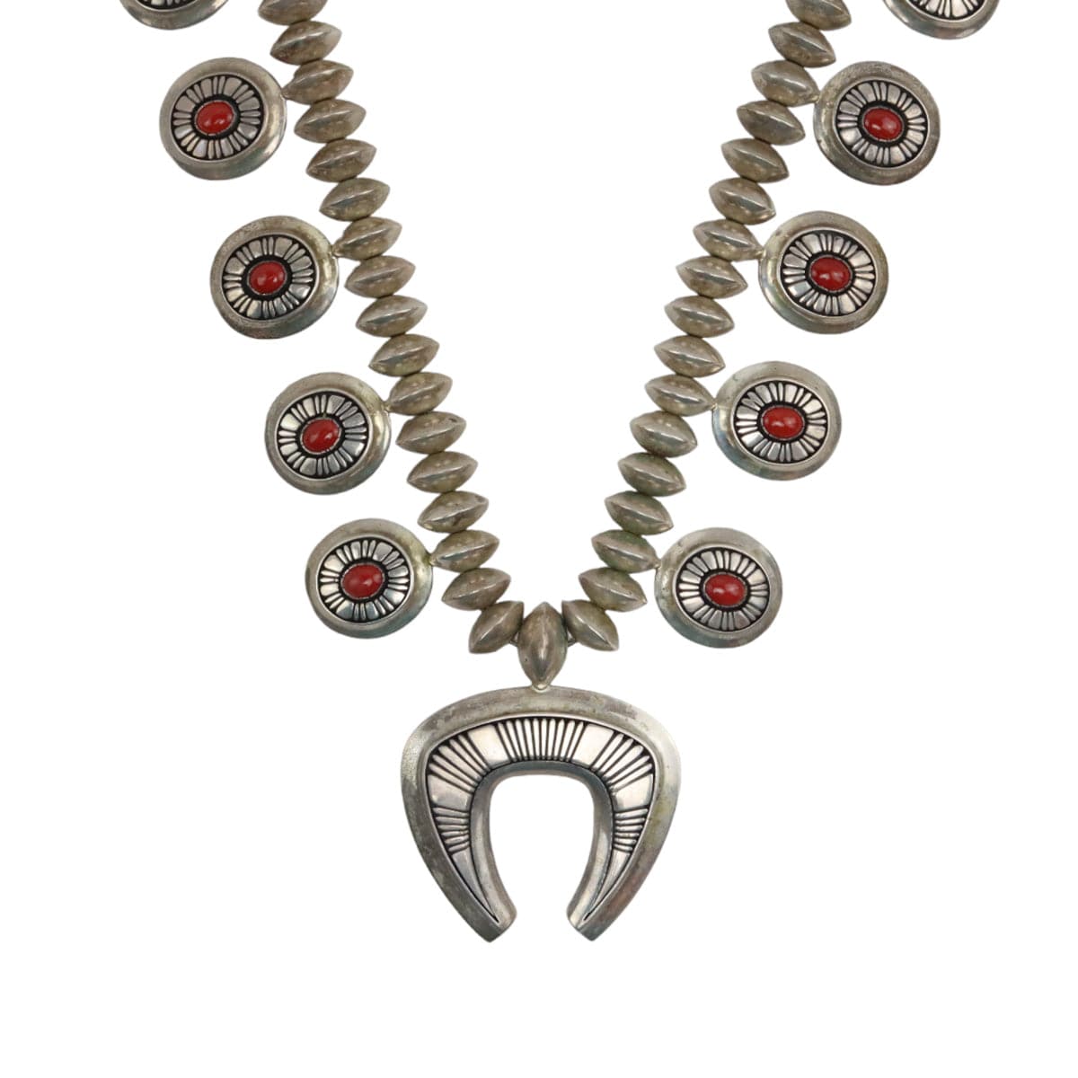 Alfred Joe (b. 1950) - Navajo Coral and Silver Overlay Squash Blossom Necklace and Post Earrings Set c. 2005 (J15358-CO-027) 2