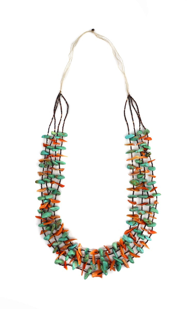 Santo Domingo (Kewa) 4-Strand Turquoise, Spiny Oyster, and Heishi Necklace c. 1960s, 34" length (J15483)