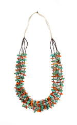 Santo Domingo (Kewa) 4-Strand Turquoise, Spiny Oyster, and Heishi Necklace c. 1960s, 34" length (J15483)