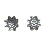 Clement Honie - Hopi Silver Overlay Post Earrings with Sunface Kachina Design c. 1970s, 0.875" diameter (J15502)