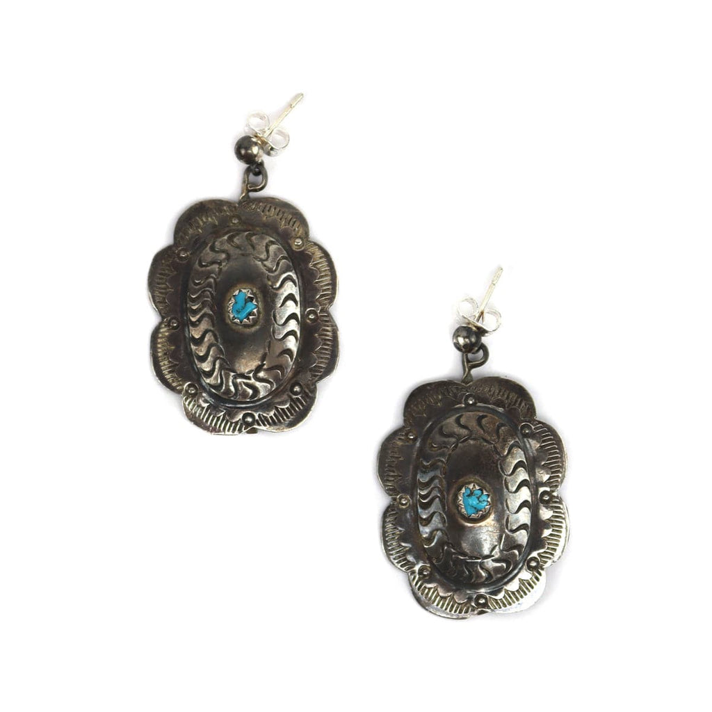Navajo Turquoise and Silver Post Earrings c. 1940s, 1.25" x 1" (J15514)