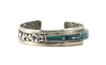 Carl and Irene Clark - Navajo Multi-Stone Micro Inlay and Sterling Silver Asymmetrical Bracelet with Interior Stamped Design c. 1990s, size 6.375 (J15522-CO-003)
