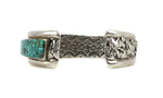 Carl and Irene Clark - Navajo Multi-Stone Micro Inlay and Sterling Silver Asymmetrical Bracelet with Interior Stamped Design c. 1990s, size 6.375 (J15522-CO-003)
 2