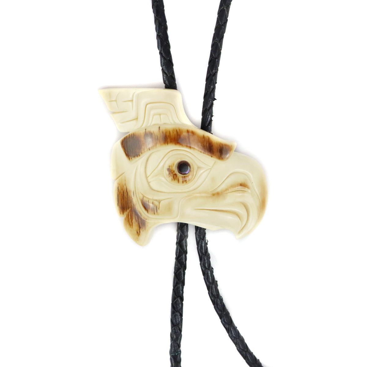 Patty Fawn - Cherokee Antler and Leather Bolo Tie with Carved Eagle Design c. 1990-2000s, 2.25" x 2.5" bolo (J15522-CO-005) 2