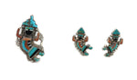 Attributed David Tsikewa (1915-1971) - Zuni Multi-Stone Inlay and Silver Rainbow God Ring and Post Earrings Set c. 1960s (J15522-CO-008)