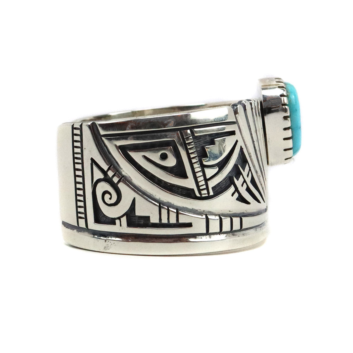 Roy Talahaftewa - Hopi Contemporary Morenci Turquoise and Sterling Silver Overlay Bracelet with Kachina Design, size 6.75 (J15538)