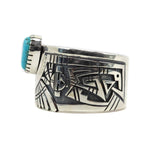 Roy Talahaftewa - Hopi Contemporary Morenci Turquoise and Sterling Silver Overlay Bracelet with Kachina Design, size 6.75 (J15538)