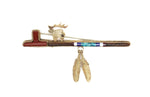 Michael Little Elk (1950-2012) - Lakota Multi-Stone Inlay, 14K Gold, and Sterling Silver Pin with Feather Design c. 2000s, 2" x 4"(J15552-CO-068)