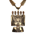 Watson Honanie - Hopi 14K Gold and Sterling Overlay Tablita Design Necklace with Kachina, Butterfly, and Rainclouds c. 1990s, 24" length (J15557)