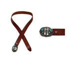 Navajo Turquoise, Coral, Silver, and Leather Belt c. 1970s, 39" - 42" waist (J15610)