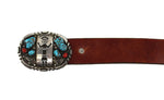Navajo Turquoise, Coral, Silver, and Leather Belt with Kachina Design c. 1970s, 39" - 42" waist (J15610)