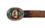 Navajo Multi-Stone Inlay, Silver, and Leather Belt with Yei Design c. 1960s, 40" - 45" waist (J15611)