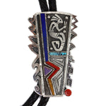 Roy Talahaftewa - Hopi Contemporary Multi-Stone, Sterling Silver Overlay, and Leather Bolo Tie with Kokopelli Design, 3.25" x 2" bolo (J15618)