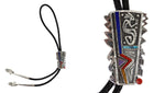 Roy Talahaftewa - Hopi Contemporary Multi-Stone, Sterling Silver Overlay, and Leather Bolo Tie with Kokopelli Design, 3.25" x 2" bolo (J15618)
