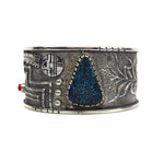 Roy Talahaftewa - Hopi Contemporary Turquoise, Coral, and Sterling Silver Overlay Pictorial Bracelet, size 7 (J15619)
