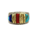 Alvin Yellowhorse - Navajo - Contemporary Turquoise, Coral, 22K Gold, and Sterling Silver Ring, size 11 (J15700)