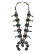 
Navajo - Persian Turquoise and Silver Squash Blossom Necklace c. 1950s, 28" length (J15714) 1
