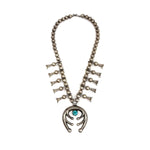 Navajo - Turquoise and Silver Sandcast Squash Blossom Necklace c. 1940s, 20" length (J15738-016)