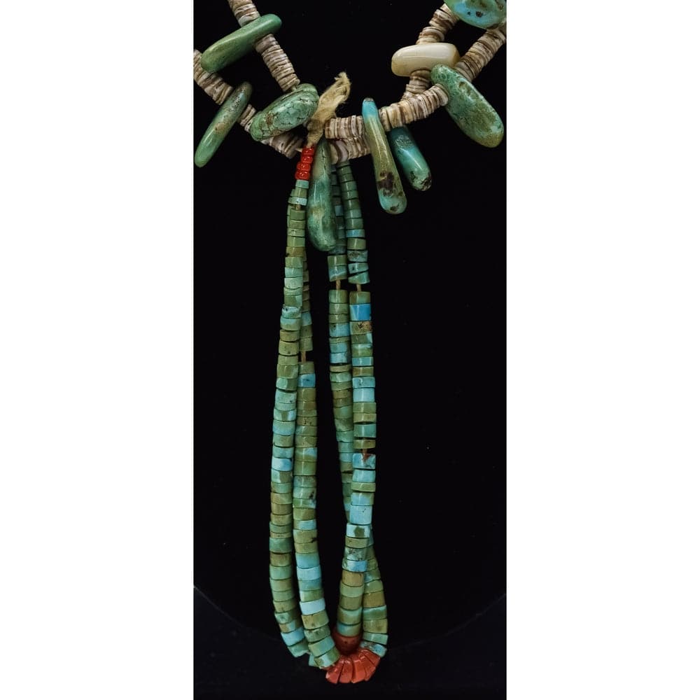 Navajo Natural Turquoise, Mother of Pearl, Coral, and Heishi Necklace with Joclas, c. 1930s (J7932)