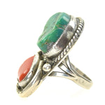 Navajo Turquoise, Coral, and Silver Ring, circa 1960s, Size 4.75 (J8067)