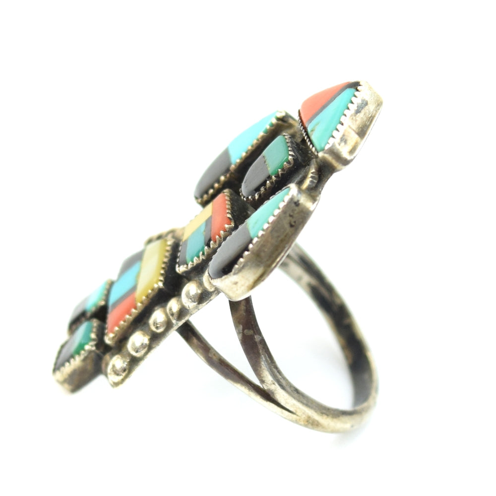 Zuni Multi-Stone Inlay and Silver Rainbow God Ring c. 1940-50s, size 5.5 (J8331)