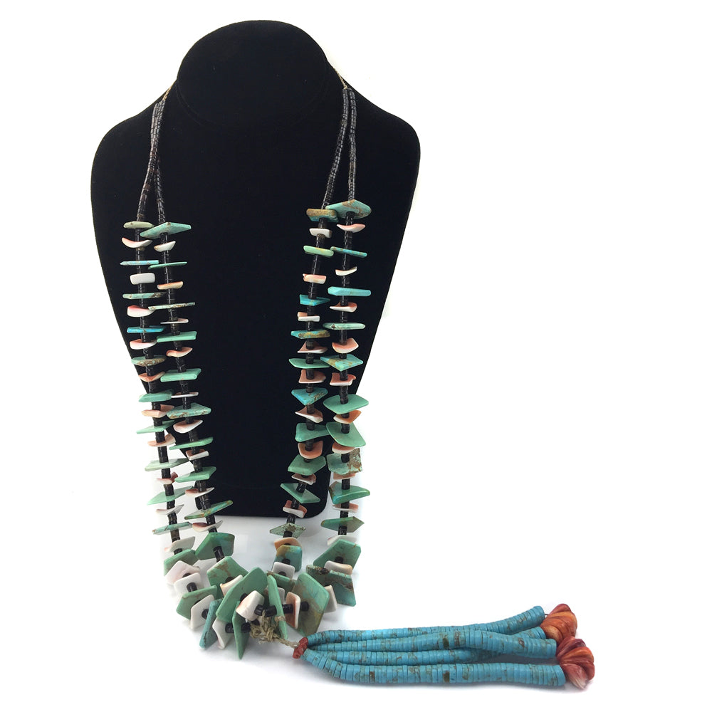 Navajo Turquoise, Coral, Spiny Oyster, and Heishi Two Strand Necklace with Joclas c. 1960, 32" length