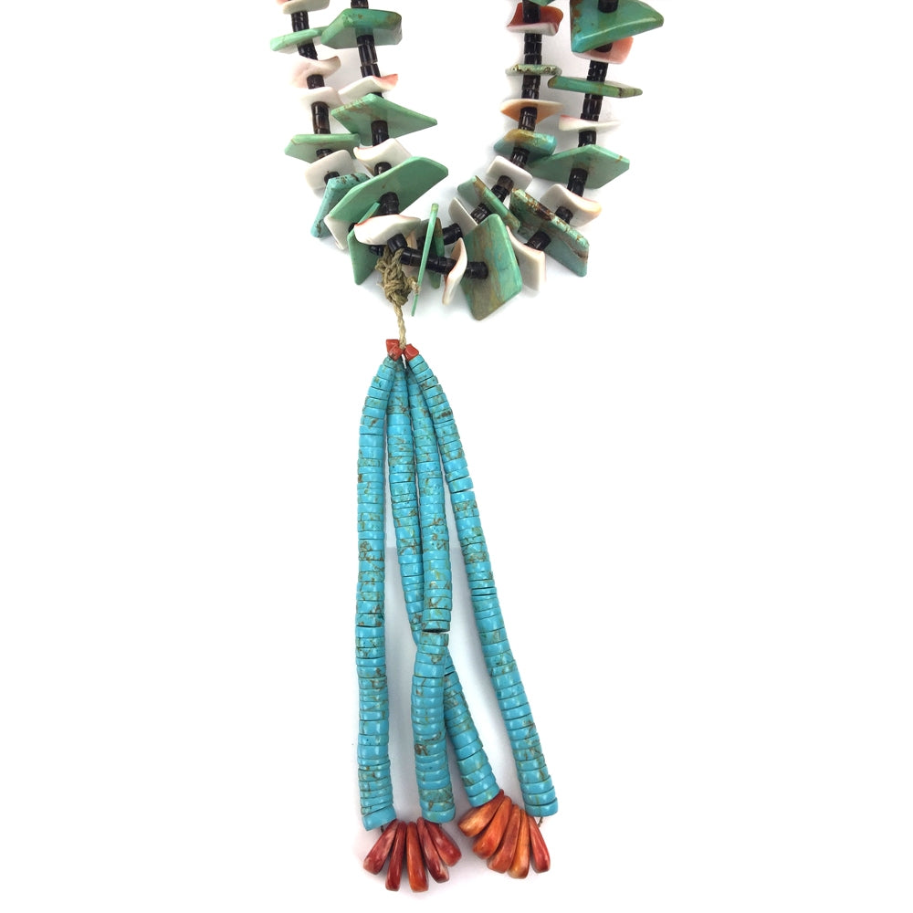 Navajo Turquoise, Coral, Spiny Oyster, and Heishi Two Strand Necklace with Joclas c. 1960, 32" Long (J8402)