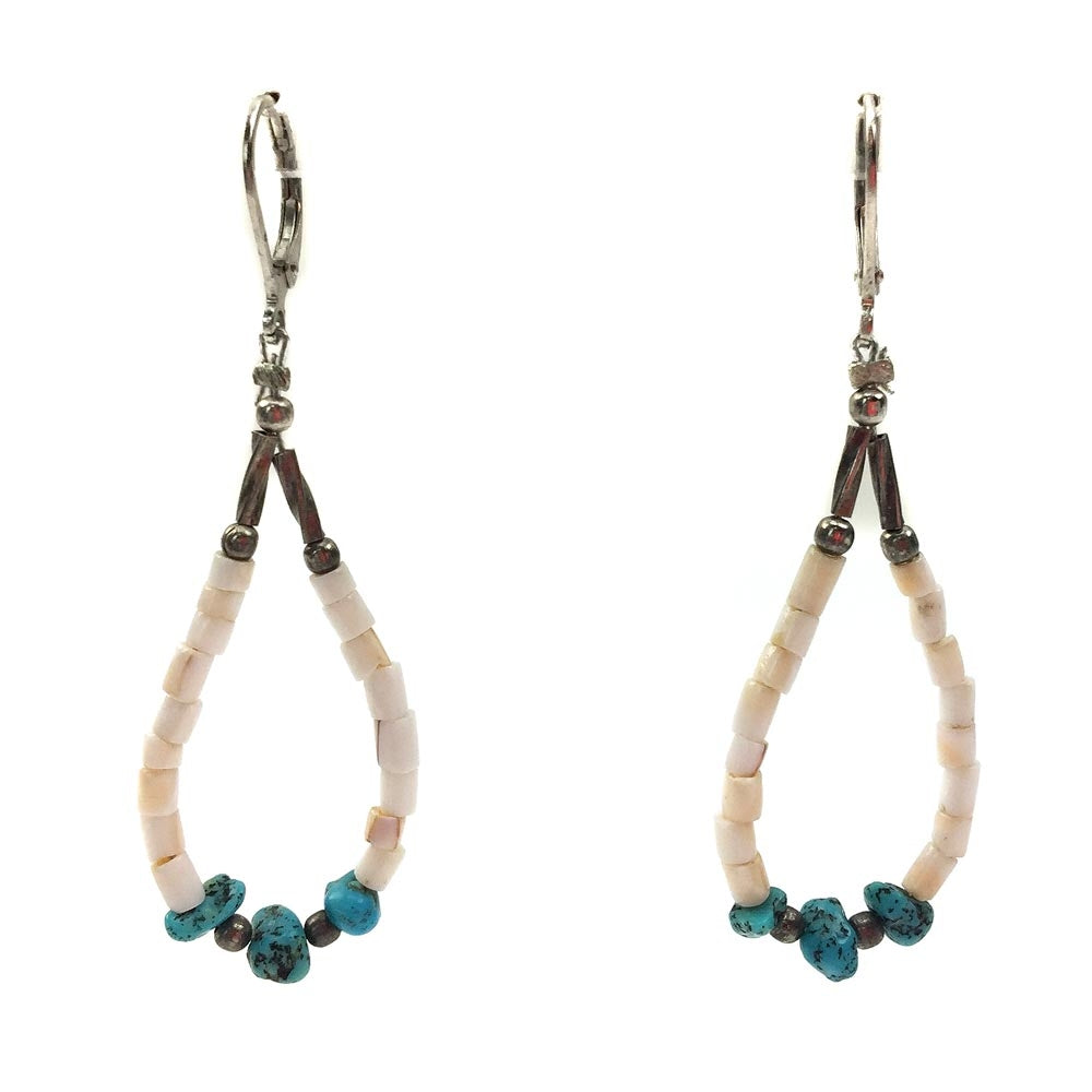 Santo Domingo (Kewa) Mother of Pearl, Turquoise, and Silver French Hook Earrings c. 1960, 2.25" length