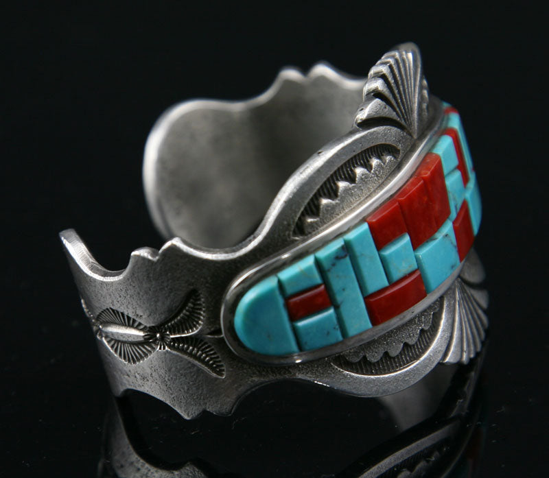 Tommy Jackson (b. 1958) - Navajo Coral, Turquoise, and Sterling Silver Bracelet, Contemporary, Size 6.25 (J90106-0711-021)