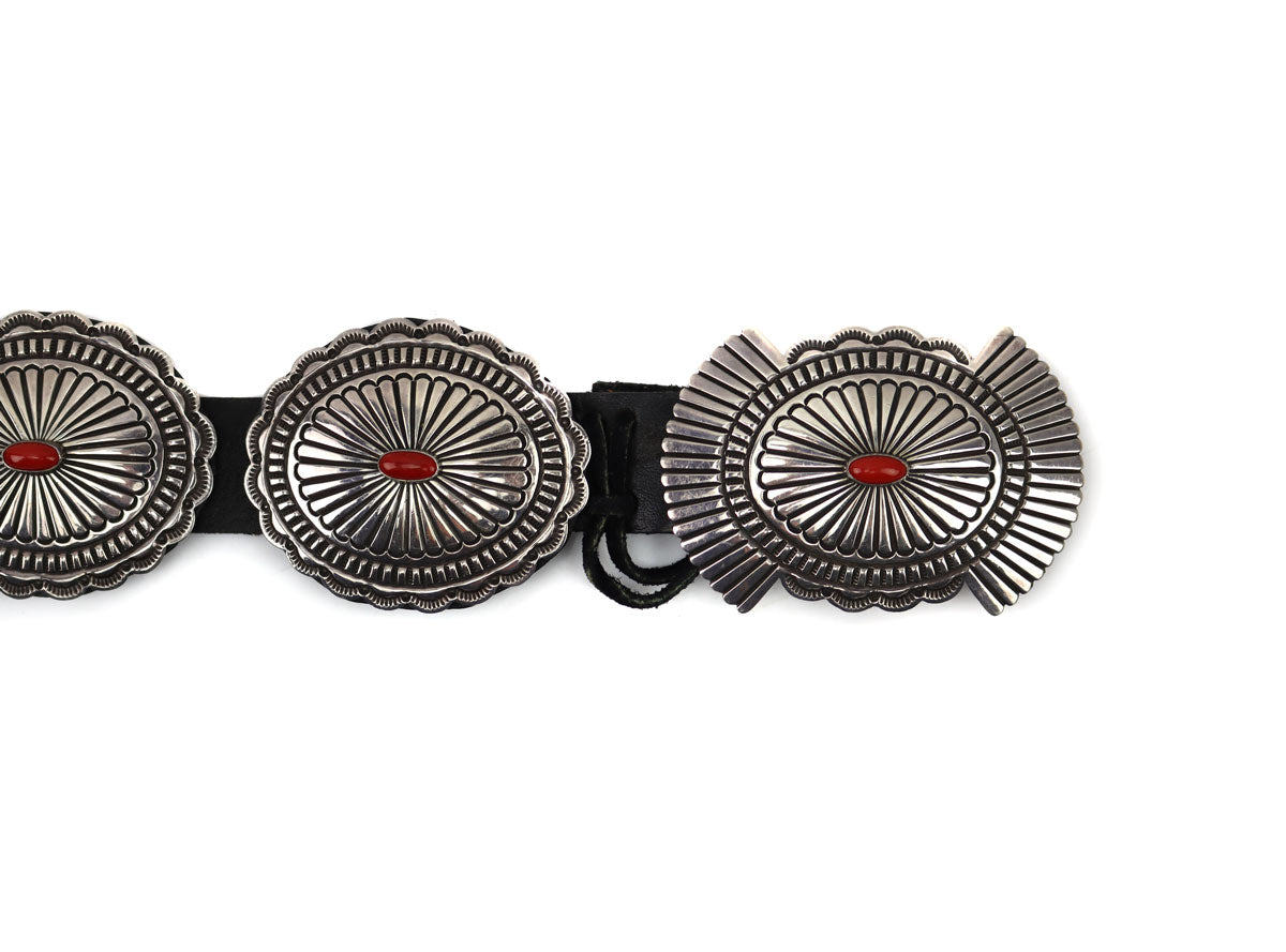 Orville White - Coral, Silver and Leather Concho Belt c. 1980s, 33" waist (J90193-0122-001) 1