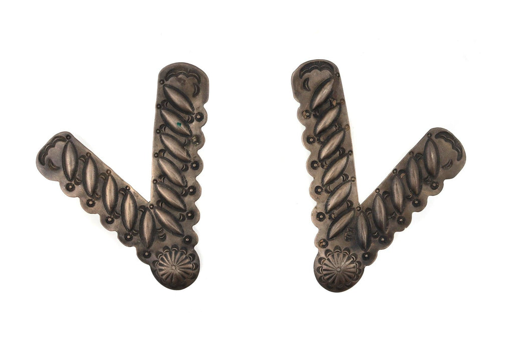 Navajo Pair of Silver Collar Tabs with Stamped Design c. 1930s, 3.375" x 2.25" (J90276A-0911-106)
