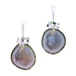 Dana Busch - Pair of Cluster Drop Earrings with Tobasco Geode, White Coral, Green Dematoid Garnet, Tanzanite, Teal Green Tourmaline, Clear Quartz, Rainbow Moonstone and Sterling Silver