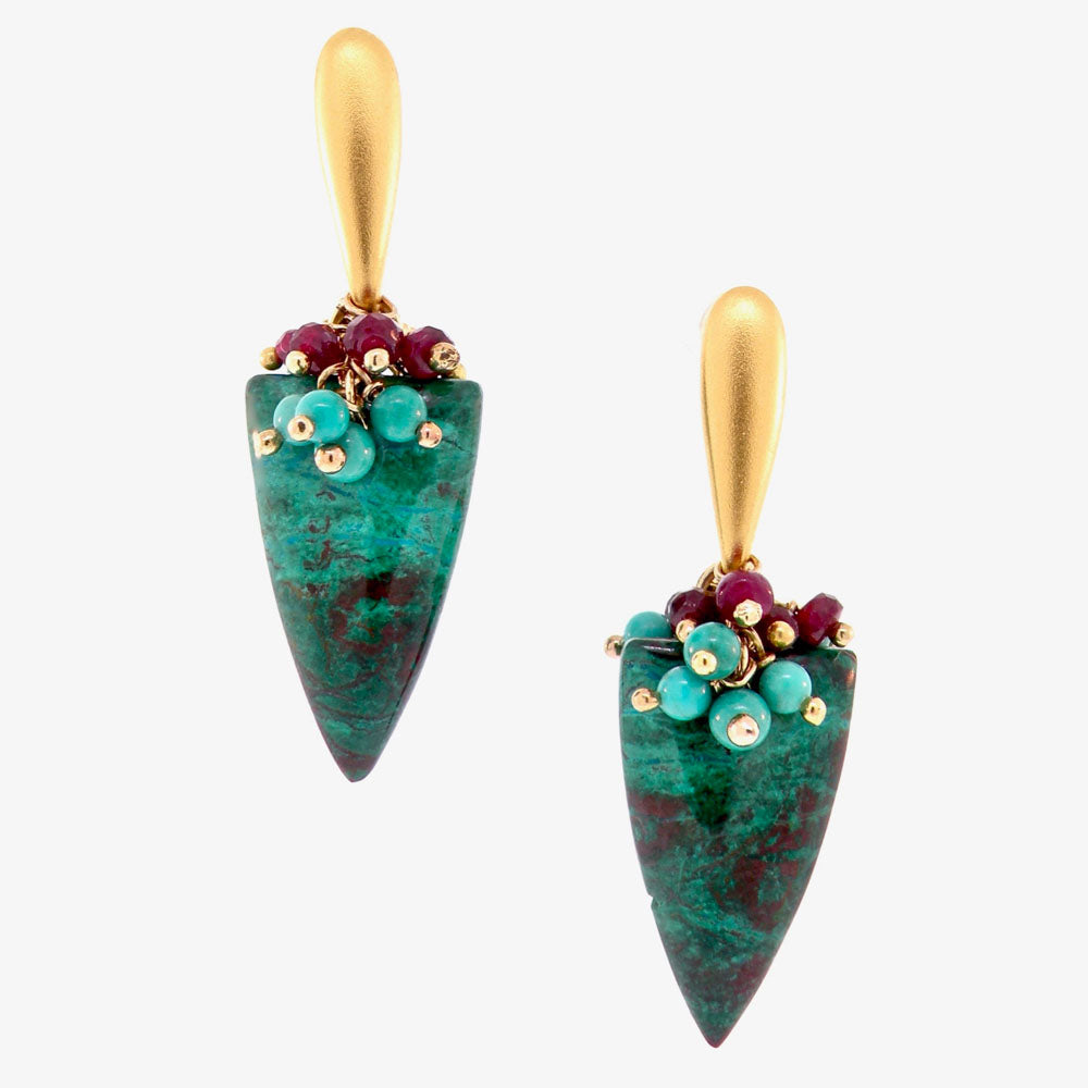 Dana Busch - "Germantown Tapestry Abstraction" - Cluster Drop Earrings with Parrot Wing Chrysocolla, Turquoise, Ruby & 24Kt Gold Vermeil