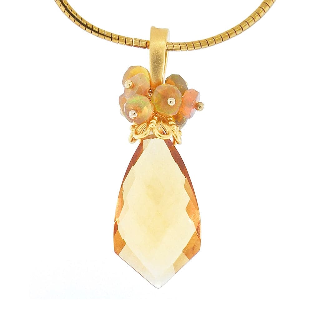 Dana Busch - "Prismatic Radiance of the Sagrada Familia 2" Cluster Drop Pendant with Faceted Citrine Drop, Fire Opal and 24Kt Gold Vermiel