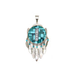 Ray Tracey (b. 1953) and Knifewing Segura - Navajo/Chiricahua Apache Contemporary Multi-Stone Mosaic Inlay and Sterling Silver Pendant with Feather Dangles, 5.25" x 2.25" (J90365-0421-005)
