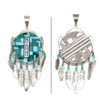 Ray Tracey (b. 1953) and Knifewing Segura - Navajo/Chiricahua Apache Contemporary Multi-Stone Mosaic Inlay and Sterling Silver Pendant with Feather Dangles, 5.25" x 2.25" (J90365-0421-005)