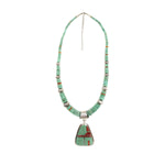 Navajo Contemporary Turquoise, Coral, and Silver Beaded Necklace, 31" length (J90365-0421-019)
